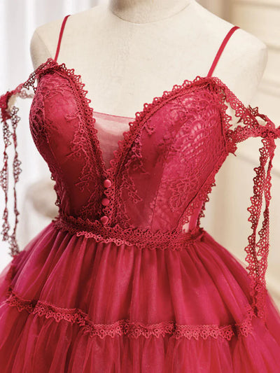Burgundy Tulle Lace Straps Homecoming Dress