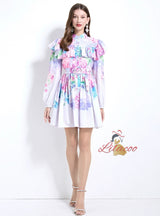 Retro Lantern Sleeve Printed Dress