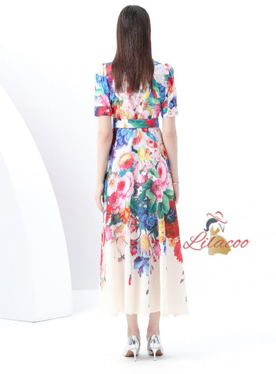 Retro Silm Waist Slim Printed Long Dress