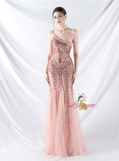 Mermaid Sequins One Shoulder Beading Prom Dress