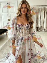 White Tulle Print Puff Sleeve Prom Dress