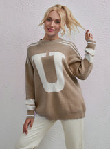 Color Matching Pullover Long Sleeve Letter Sweater