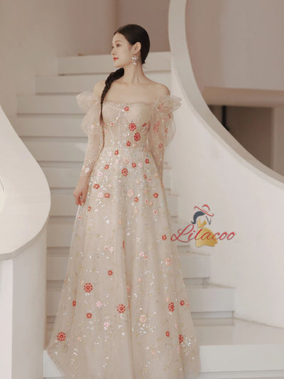 Champagne Tulle Sequins Prom Dress