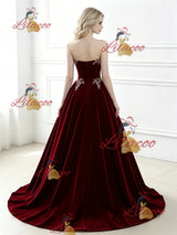 Burgundy Velvet Strapless Appliques Prom Dress