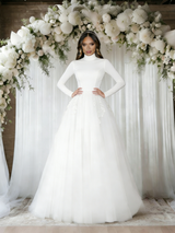White Long Sleeve High Neck Backless Wedding Dress