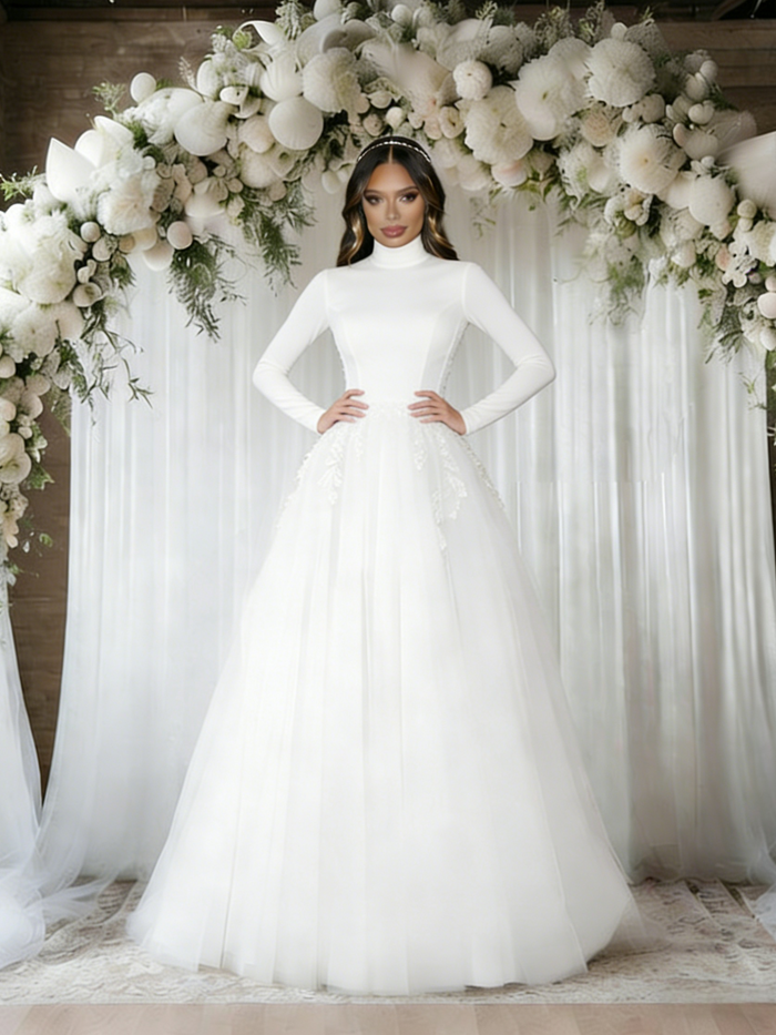 White Long Sleeve High Neck Backless Wedding Dress