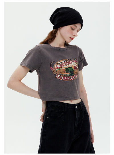 Retro Slim Short Round Neck Long Sleeve T-shirt