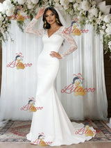 White Mermaid V-neck Long Sleeve Wedding Dress