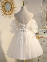 Ivory Tulle Lace Puff Sleeve Homecoming Dress