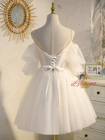 Ivory Tulle Lace Puff Sleeve Homecoming Dress
