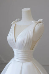 White Satin Pleats See Through Neck Wedding Dress