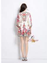 Vintage V-neck Lantern Sleeve Printed Dress