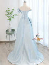 Blue Satin Tulle Off the Shoulder Pleats Prom Dress