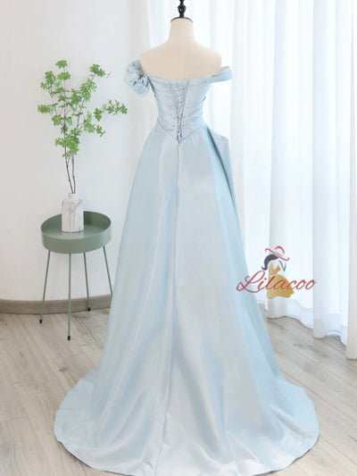 Blue Satin Tulle Off the Shoulder Pleats Prom Dress