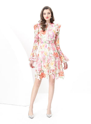 Retro Lace V-neck Long Sleeve Printed Dress