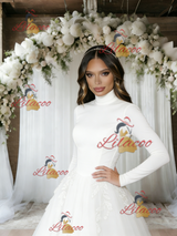 White Long Sleeve High Neck Backless Wedding Dress