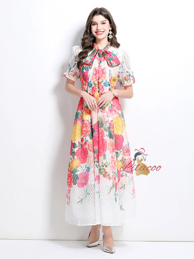 Bubble Short Sleeve Stitching Printed Medium-long Dress