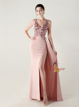 V-neck Appliques Split Beading Prom Dress