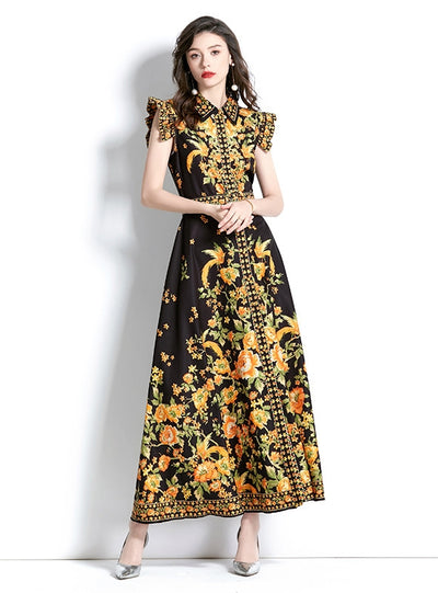 Retro Palace Lotus Leaf Sleeve Printed Dress