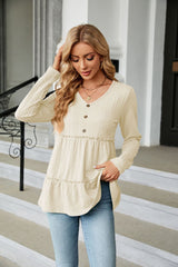 Solid Color V-neck Button Loose Long Sleeve T-shirt
