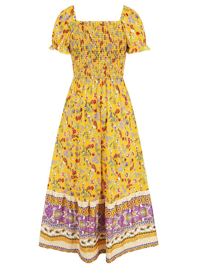 V-neck Puff Sleeves Drawstring Dress