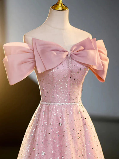 Pink Tulle Sequins Off the Shoulder Prom Dress