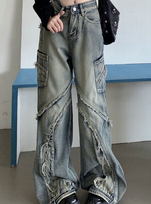 Retro Stitching Raw Edge Jeans Pants