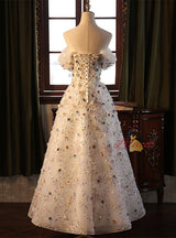 White Tulle Sequins Flower Off the Shoulder Prom Dress