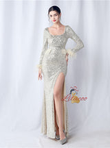 Long Sleeve Mermaid Sequins Split Prom Dress
