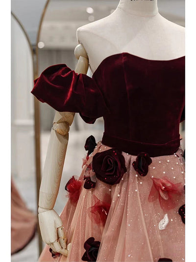 Burgundy Velvet 3D Flower Prom Dress