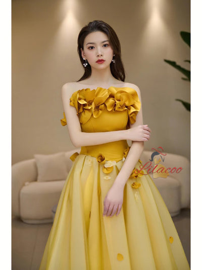 Yellow Strapless Tulle 3D Flower Prom Dress