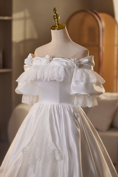 White Satin Off the Shoulder Puff Sleeve Wedding Dress