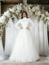White Long Sleeve High Neck Backless Wedding Dress
