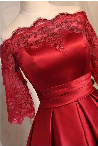Burgundy Satin Short Sleeve Appliques Homecoming Dress