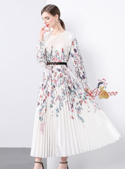 Pleated Print Oversized Pleated Dress