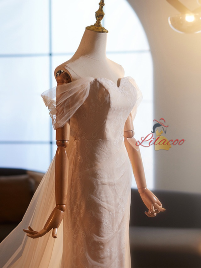 Champagne Tulle Lace Split Wedding Dress