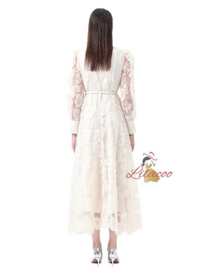 Embroidered Lantern Sleeves Lace Dress