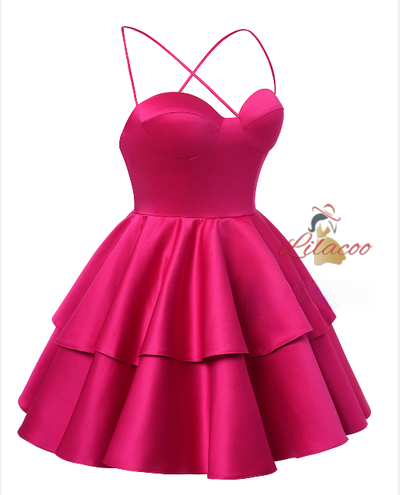 Fuchsia Satin Spaghetti Straps Homecoming Dress