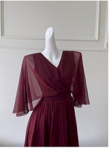 Burgundy Chiffon V-neck Pleats Prom Dress