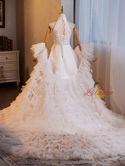 White Satin Lace High Neck Sleeveless Wedding Dress