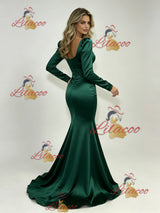 Green Mermaid Satin Long Sleeve Prom Dress