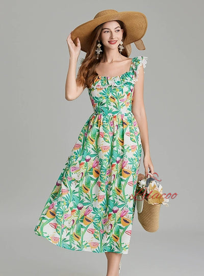 Green Printed Off the Shoulder Dress