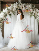 White Long Sleeve High Neck Backless Wedding Dress