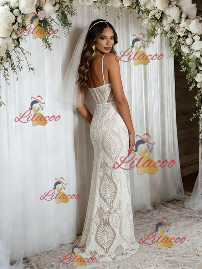 White Mermaid Lace Spaghetti Straps Wedding Dress