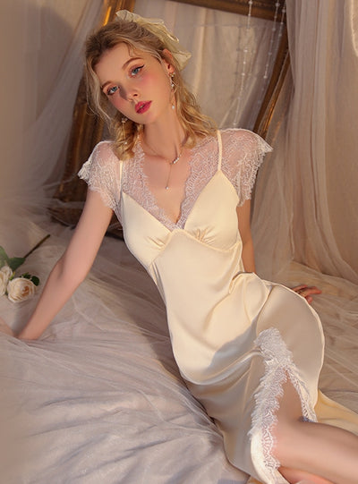 Deep V-neck Lace Stitching Suspender Nightdress