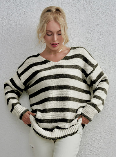 Fashion V-neck Striped Loose Pullover Sweater