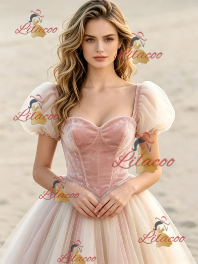 Pink Tulle Puff Sleeve Wedding Dress