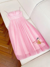 Pink Tulle Straps Pearls Prom Dress