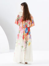 Irregular Diagonal Shoulder Chiffon Floral Dress