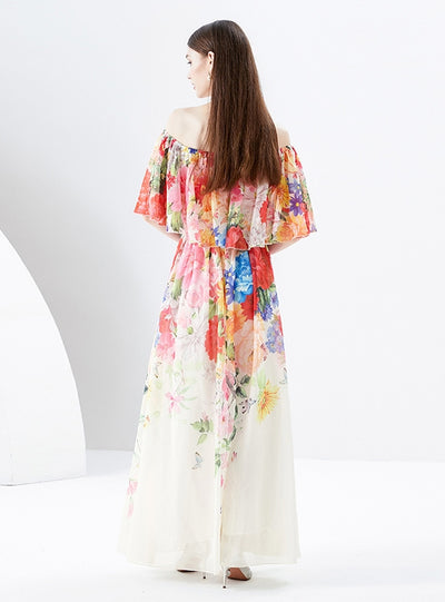 Irregular Diagonal Shoulder Chiffon Floral Dress